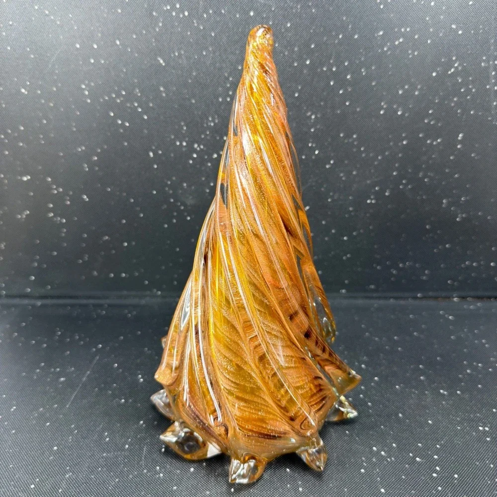 Pier 1 Art Glass Christmas Tree Figurine Amber Copper Glitter 8inch Paperweight